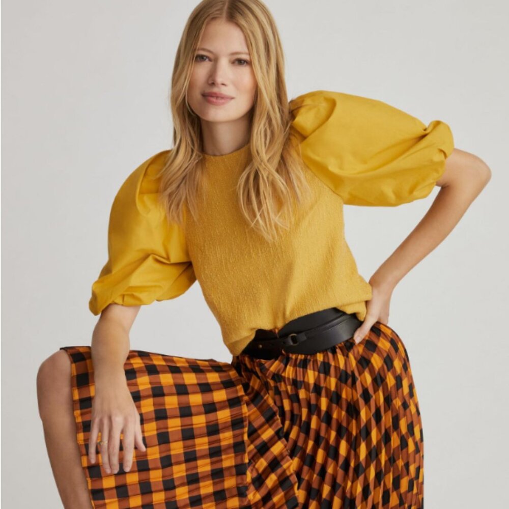 By Anthropologie Puff-Sleeve Blouse Gold L Cotton Blend